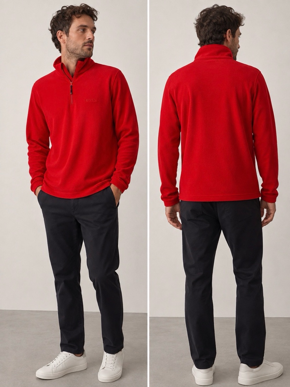Men's Red Fleece V-Neck Quarter-Zip Sweater